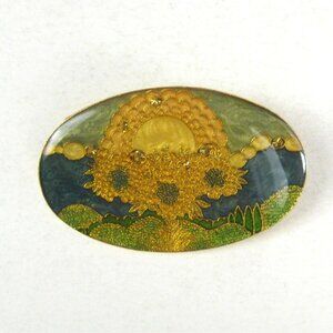 Vintage Resin Sunflower Brooch Pin Golden Sun Landscape Design Oval